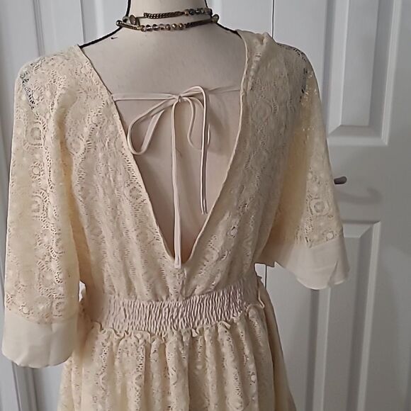 Boho Romantic Lace Overlay Angel Sleeve Mini Dress Pink sz S - Picture 9 of 11